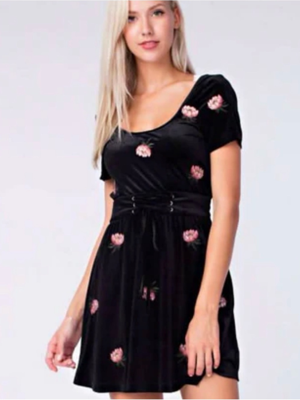 Honey Belle Black Velvet Mini Dress with Pink Floral Embroidery